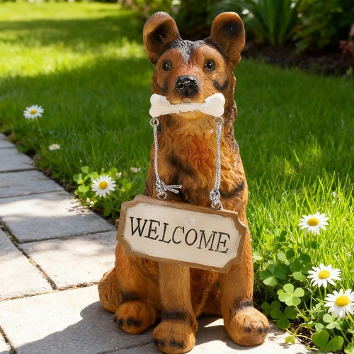 Dog statue welcome sign - welcome, resin